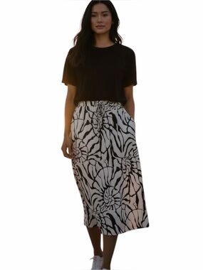 Rachel Zoe Printed Elastic Waist Pull On Midi Skirt Womens Sz M Linen Resortwear